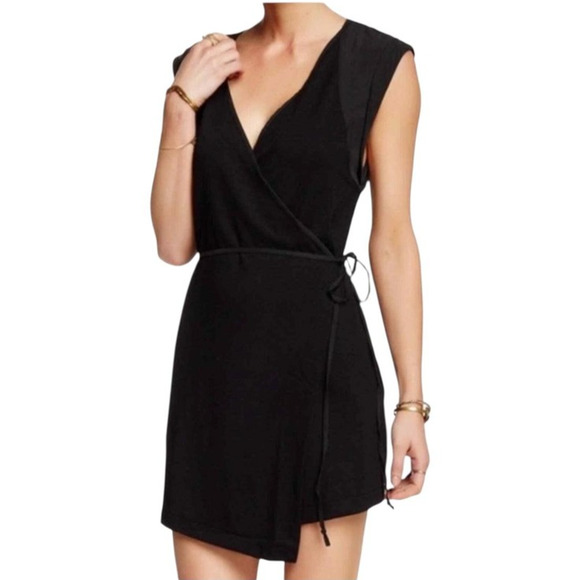 Free People Boho Wrap Dress Womens Medium Large Black Mini Tie Waist Knit Grunge - Picture 1 of 10